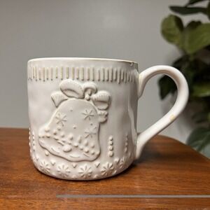 Potters Studio Christmas Bell Mug Embossed Stoneware Rustic Farmhouse Holiday